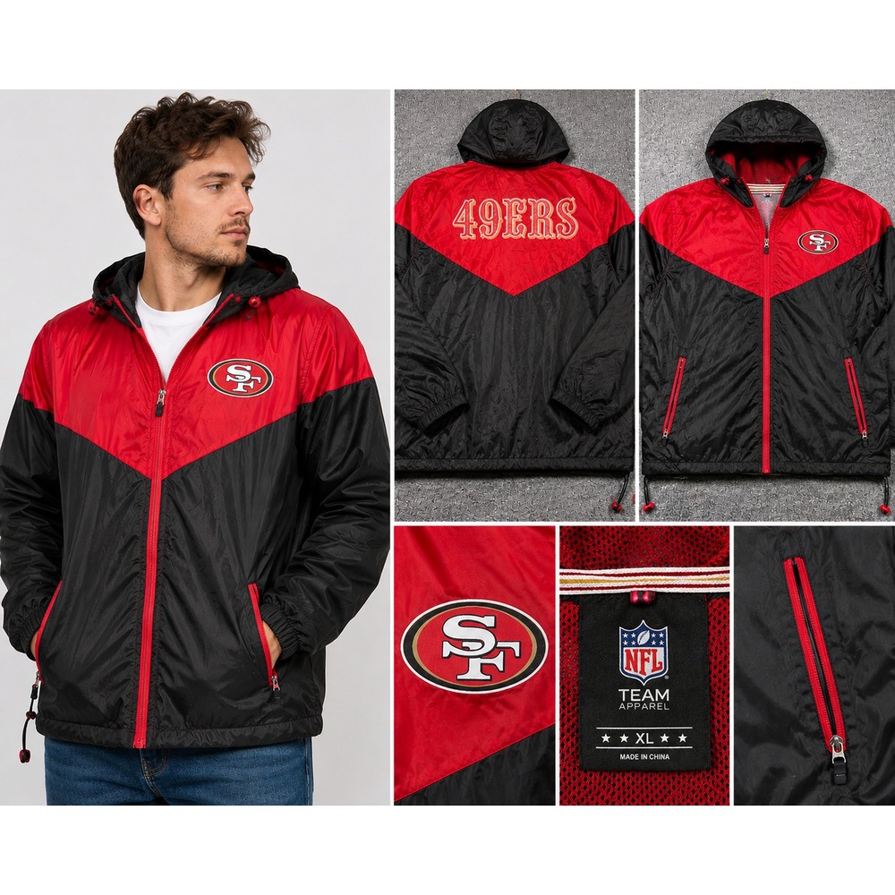 NFL Team Apparel San Francisco 49ers Windbreaker Jacket Mens XL Hooded Red Black